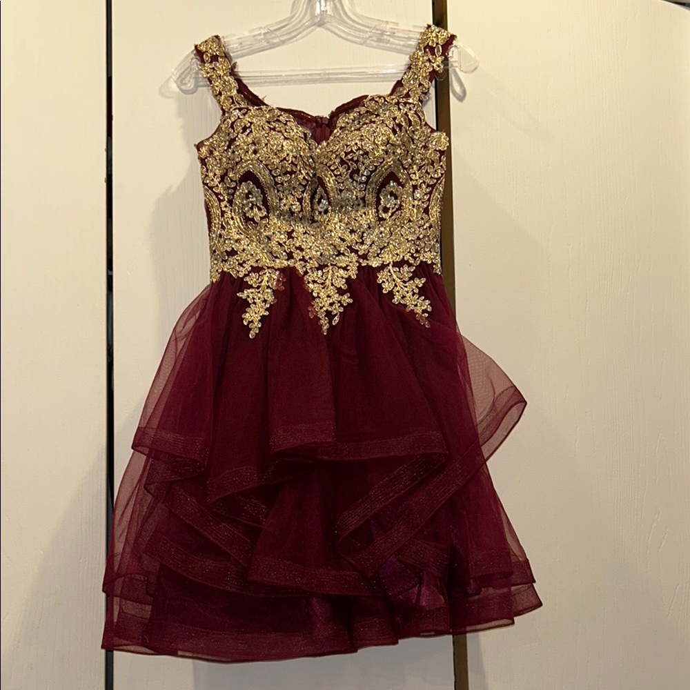 Burgundy and Gold Embellished Homecoming Formal Dress
